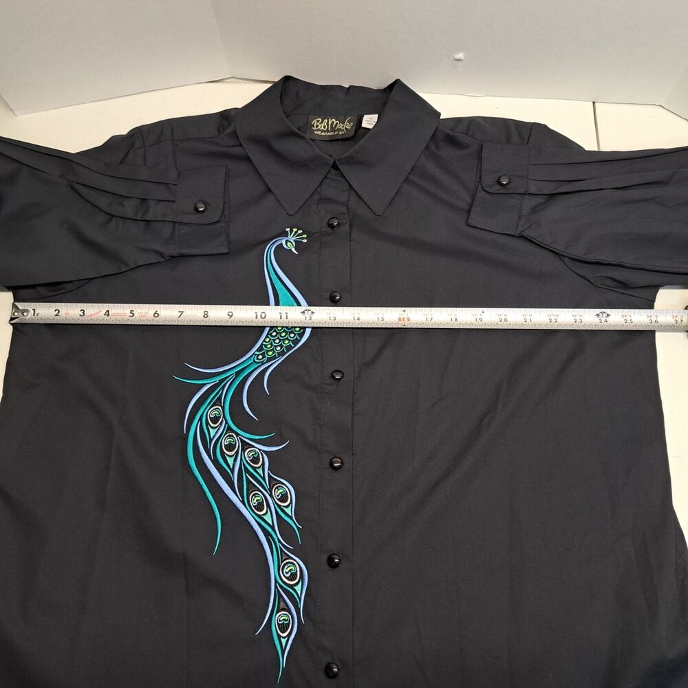 Bob Mackie Wearable Art Embroidered Peacock Black Button Down Shirt Women's XL - Picture 6 of 8